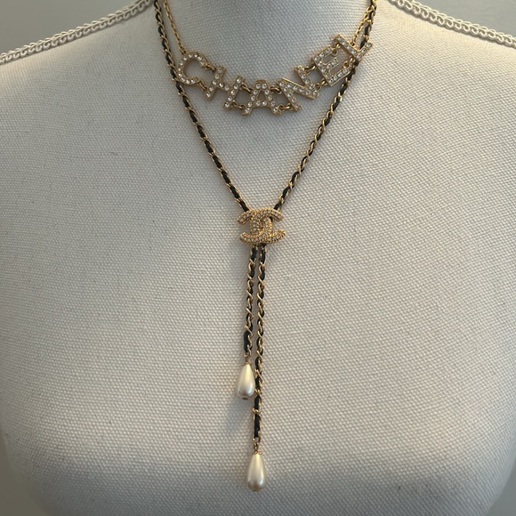 Chanel Double Necklace Rhinestone Chanel and Gold and Black Leather Necklace - Picture 8 of 8